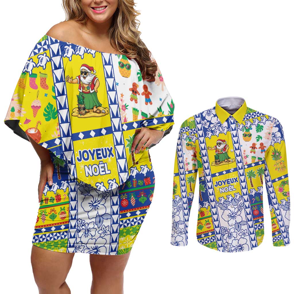 New Caledonia Christmas Couples Matching Off Shoulder Short Dress and Long Sleeve Button Shirt Festive Beach Vibes - Polynesian Pride