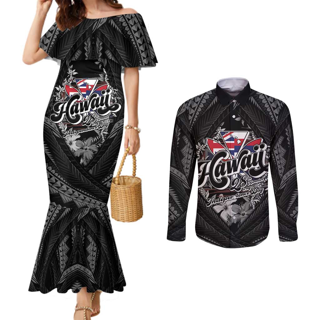 Hawaii November 28th Couples Matching Mermaid Dress and Long Sleeve Button Shirt Kanaka Maoli Tribal Pattern LT05 Black - Polynesian Pride