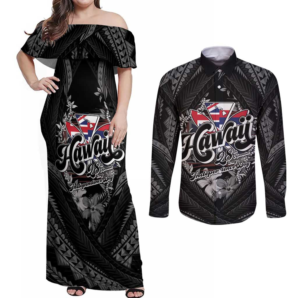 Hawaii November 28th Couples Matching Off Shoulder Maxi Dress and Long Sleeve Button Shirt Kanaka Maoli Tribal Pattern LT05 Black - Polynesian Pride