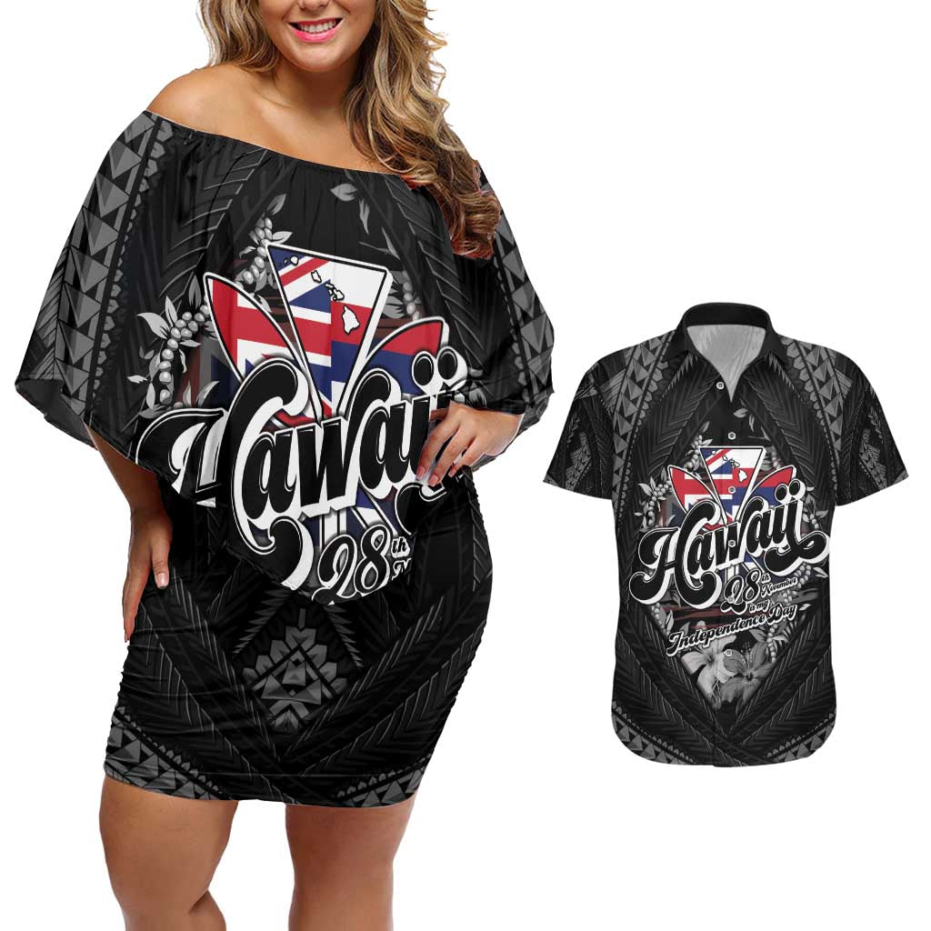 Hawaii November 28th Couples Matching Off Shoulder Short Dress and Hawaiian Shirt Kanaka Maoli Tribal Pattern - Polynesian Pride