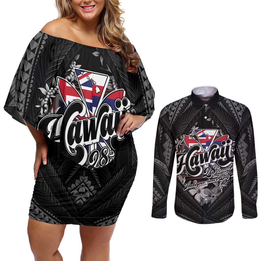 Hawaii November 28th Couples Matching Off Shoulder Short Dress and Long Sleeve Button Shirt Kanaka Maoli Tribal Pattern LT05 Black - Polynesian Pride