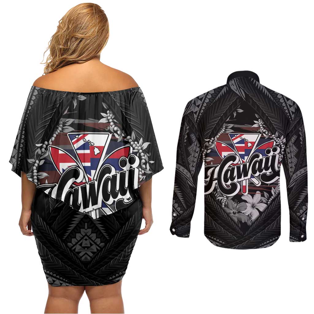 Hawaii November 28th Couples Matching Off Shoulder Short Dress and Long Sleeve Button Shirt Kanaka Maoli Tribal Pattern - Polynesian Pride