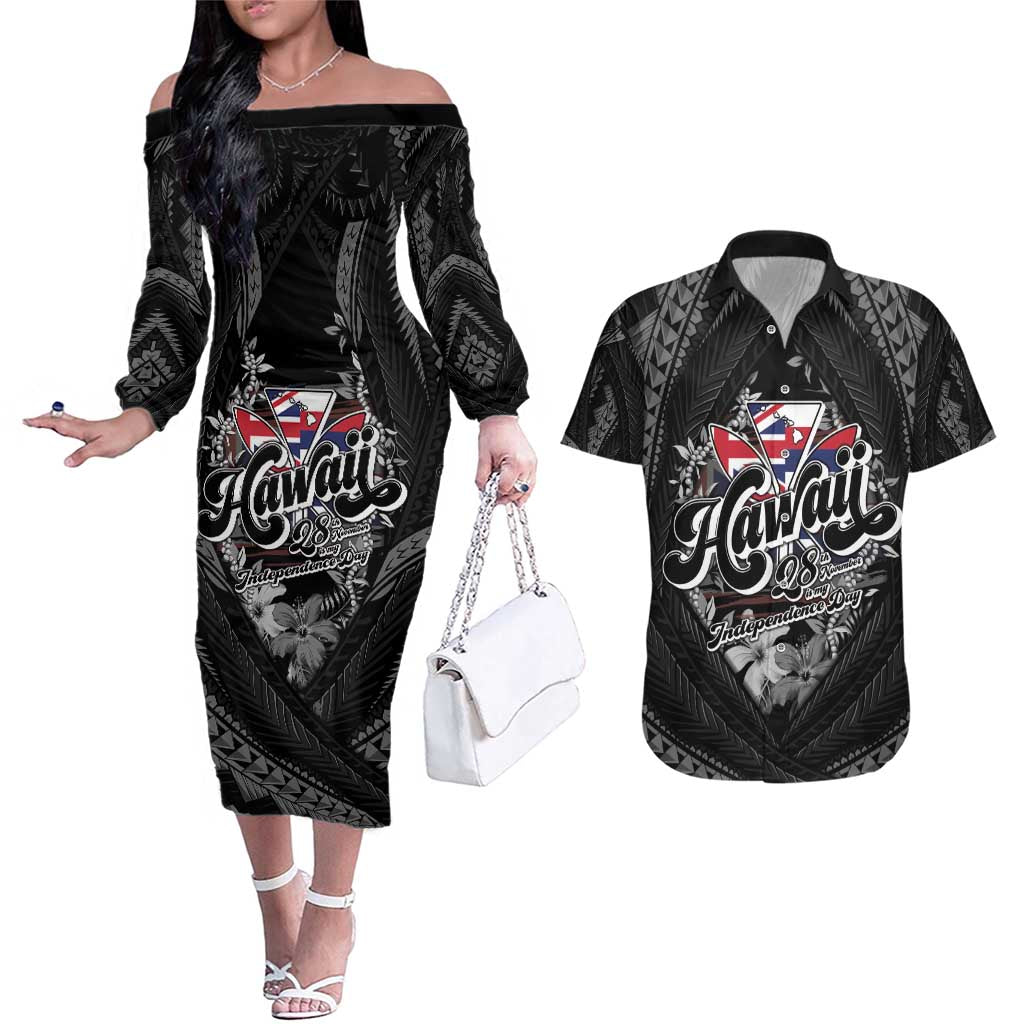 Hawaii November 28th Couples Matching Off The Shoulder Long Sleeve Dress and Hawaiian Shirt Kanaka Maoli Tribal Pattern - Polynesian Pride