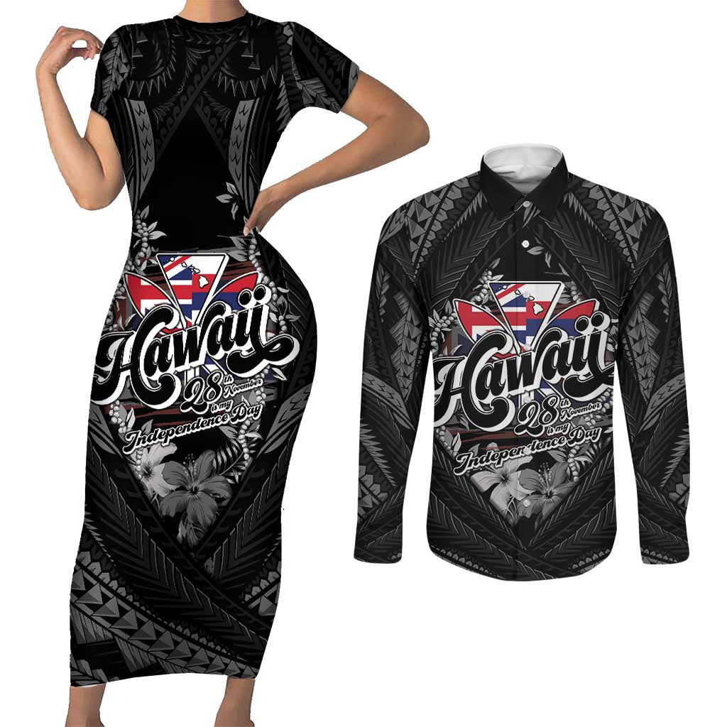 Hawaii November 28th Couples Matching Short Sleeve Bodycon Dress and Long Sleeve Button Shirt Kanaka Maoli Tribal Pattern LT05 Black - Polynesian Pride