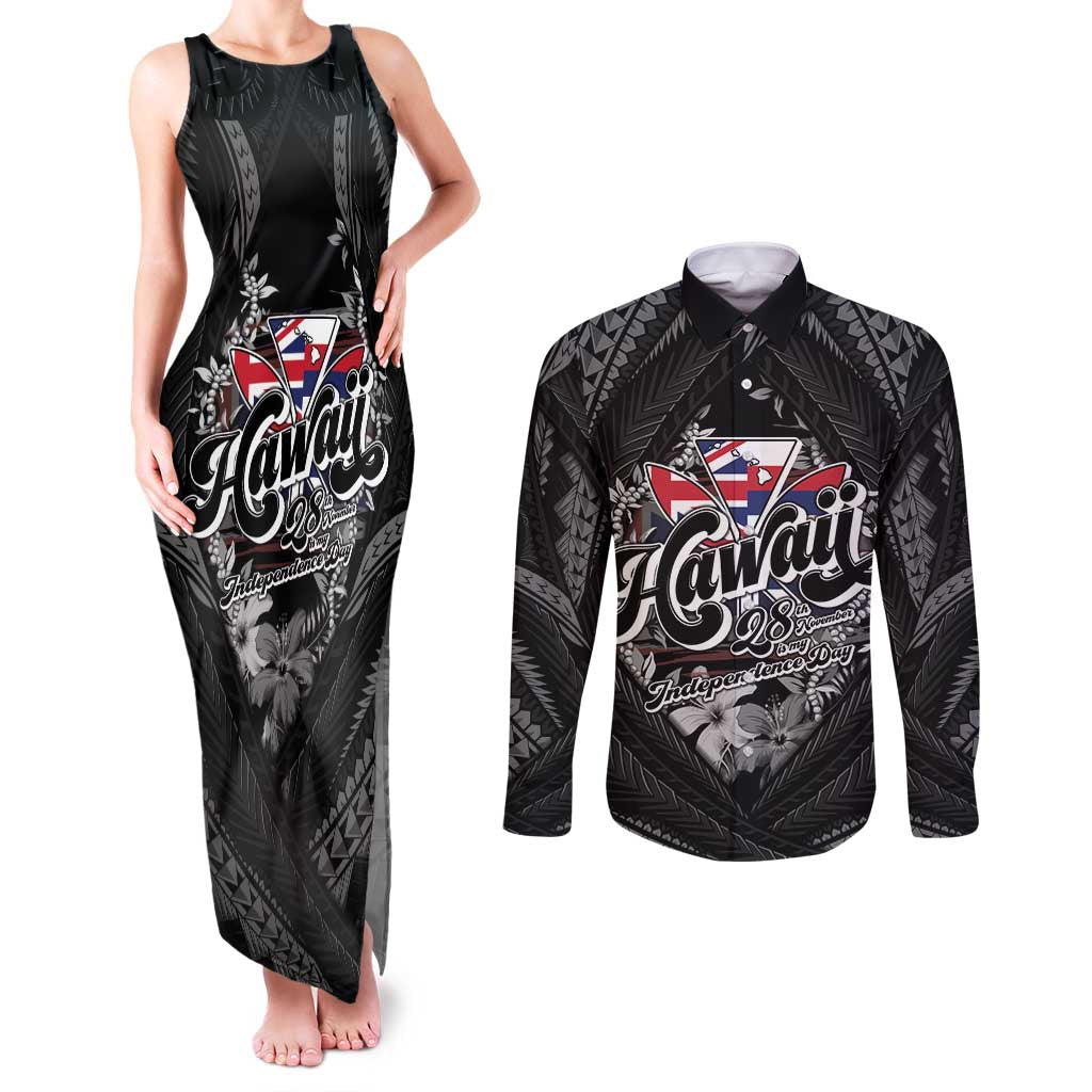 Hawaii November 28th Couples Matching Tank Maxi Dress and Long Sleeve Button Shirt Kanaka Maoli Tribal Pattern LT05 Black - Polynesian Pride