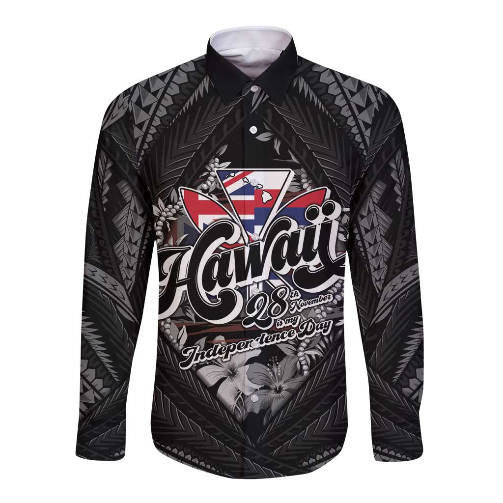 Hawaii November 28th Long Sleeve Button Shirt Kanaka Maoli Tribal Pattern LT05 Unisex Black - Polynesian Pride