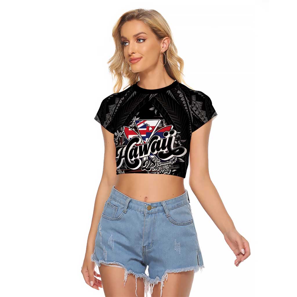 Hawaii November 28th Raglan Cropped T Shirt Kanaka Maoli Tribal Pattern LT05 Female Black - Polynesian Pride