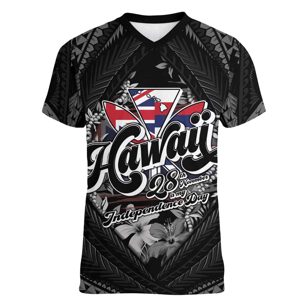Hawaii November 28th Women V-Neck T-Shirt Kanaka Maoli Tribal Pattern LT05 Female Black - Polynesian Pride