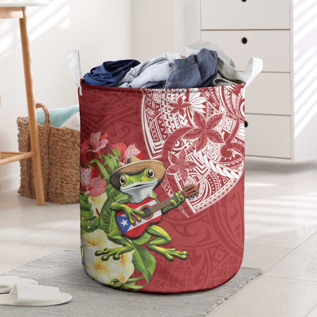 Puerto Rico Coqui Frog Laundry Basket Tropical Flowers Polynesian Style - Polynesian Pride