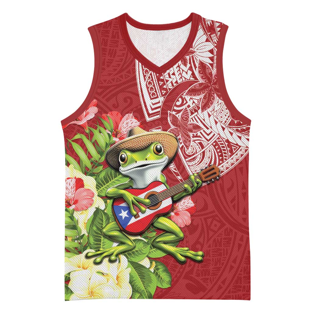 Puerto Rico Coqui Frog Basketball Jersey Tropical Flowers Polynesian Style - Polynesian Pride
