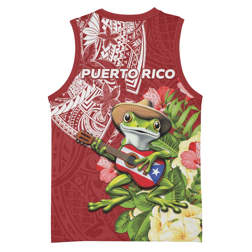Puerto Rico Coqui Frog Basketball Jersey Tropical Flowers Polynesian Style - Polynesian Pride