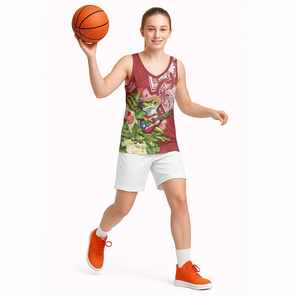 Puerto Rico Coqui Frog Basketball Jersey Tropical Flowers Polynesian Style - Polynesian Pride