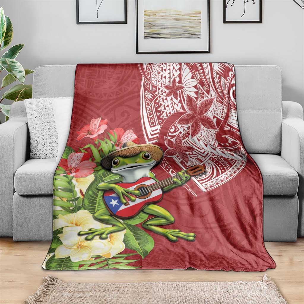 Puerto Rico Coqui Frog Blanket Tropical Flowers Polynesian Style - Polynesian Pride