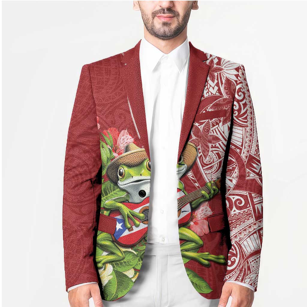 Puerto Rico Coqui Frog Blazer Tropical Flowers Polynesian Style - Polynesian Pride