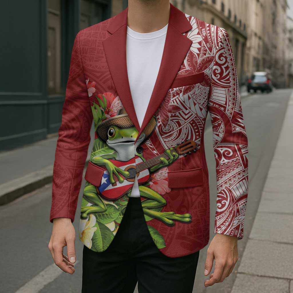 Puerto Rico Coqui Frog Blazer Tropical Flowers Polynesian Style - Polynesian Pride