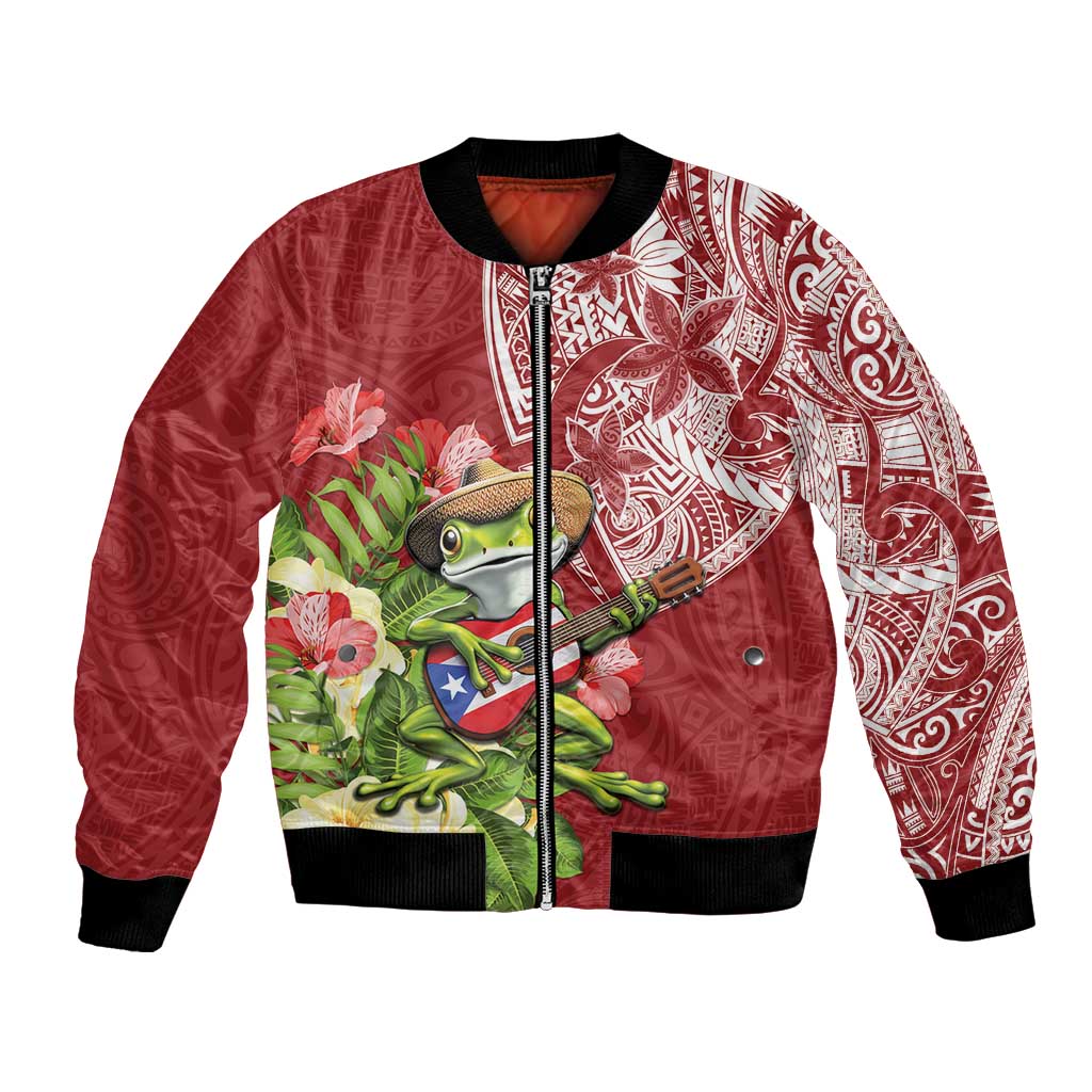 Puerto Rico Coqui Frog Bomber Jacket Tropical Flowers Polynesian Style LT05 Unisex Red - Polynesian Pride