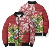 Puerto Rico Coqui Frog Bomber Puffer Jacket Tropical Flowers Polynesian Style - Polynesian Pride