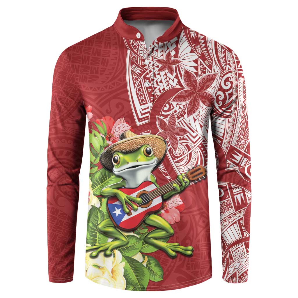 Puerto Rico Coqui Frog Button Sweatshirt Tropical Flowers Polynesian Style - Polynesian Pride