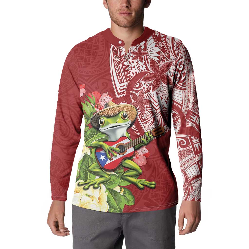 Puerto Rico Coqui Frog Button Sweatshirt Tropical Flowers Polynesian Style - Polynesian Pride