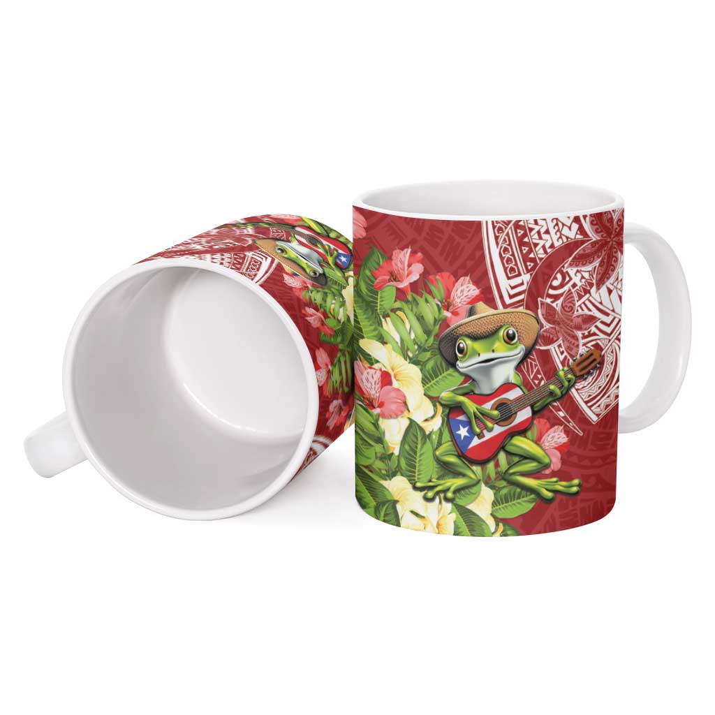 Puerto Rico Coqui Frog Ceramic Mug Tropical Flowers Polynesian Style - Polynesian Pride