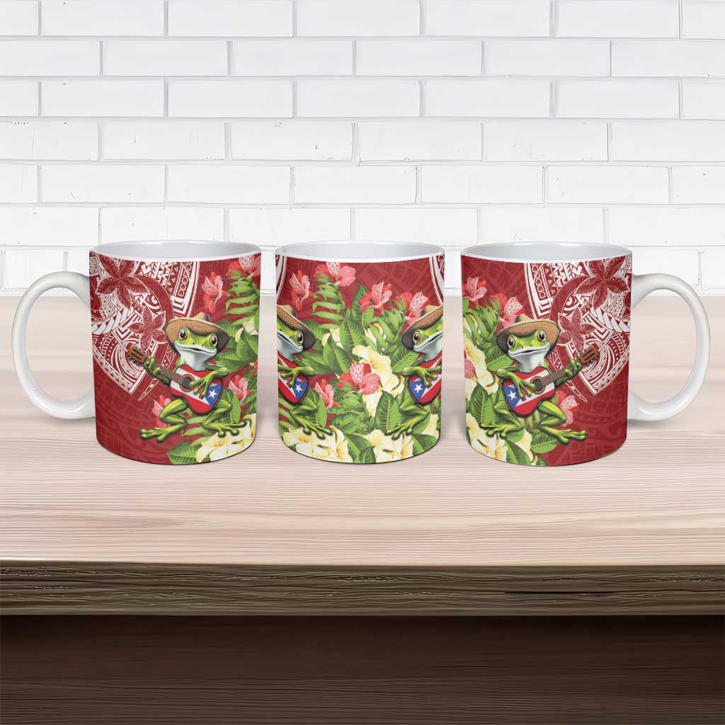 Puerto Rico Coqui Frog Ceramic Mug Tropical Flowers Polynesian Style - Polynesian Pride