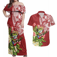 Puerto Rico Coqui Frog Couples Matching Off Shoulder Maxi Dress and Hawaiian Shirt Tropical Flowers Polynesian Style - Polynesian Pride