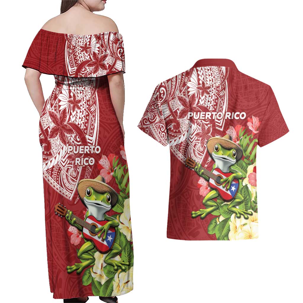 Puerto Rico Coqui Frog Couples Matching Off Shoulder Maxi Dress and Hawaiian Shirt Tropical Flowers Polynesian Style - Polynesian Pride
