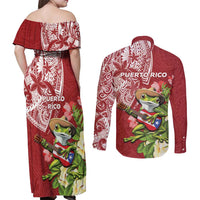 Puerto Rico Coqui Frog Couples Matching Off Shoulder Maxi Dress and Long Sleeve Button Shirt Tropical Flowers Polynesian Style - Polynesian Pride