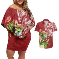 Puerto Rico Coqui Frog Couples Matching Off Shoulder Short Dress and Hawaiian Shirt Tropical Flowers Polynesian Style - Polynesian Pride