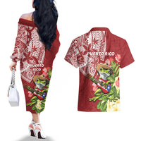 Puerto Rico Coqui Frog Couples Matching Off The Shoulder Long Sleeve Dress and Hawaiian Shirt Tropical Flowers Polynesian Style - Polynesian Pride