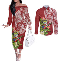 Puerto Rico Coqui Frog Couples Matching Off The Shoulder Long Sleeve Dress and Long Sleeve Button Shirt Tropical Flowers Polynesian Style - Polynesian Pride