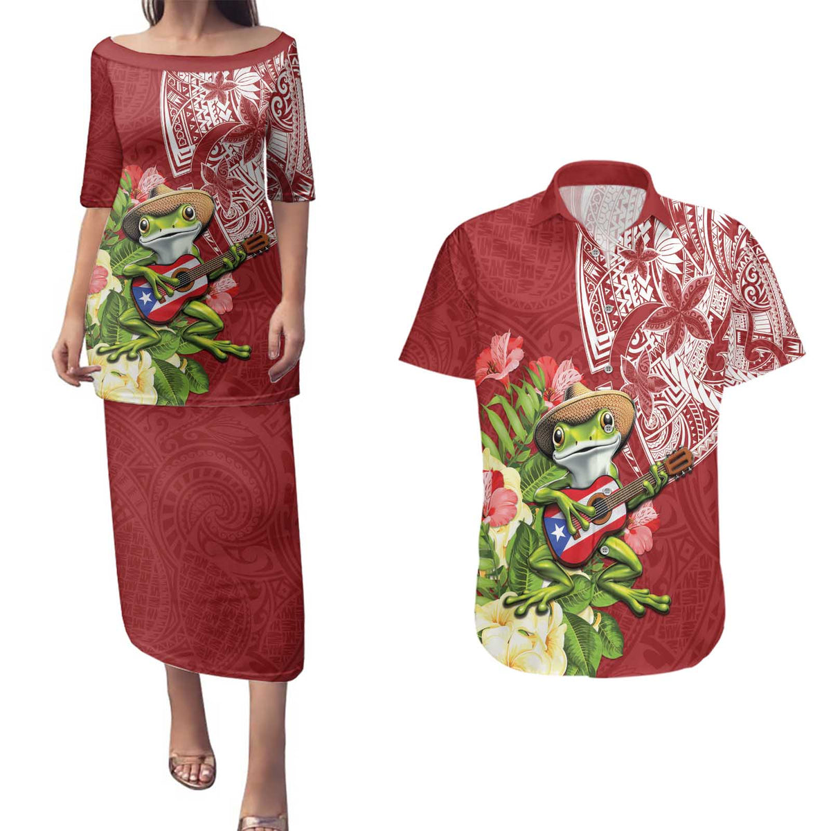 Puerto Rico Coqui Frog Couples Matching Puletasi and Hawaiian Shirt Tropical Flowers Polynesian Style - Polynesian Pride
