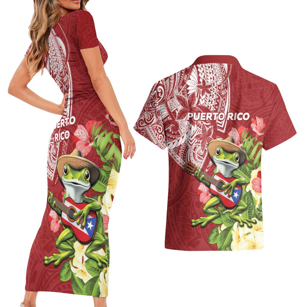 Puerto Rico Coqui Frog Couples Matching Short Sleeve Bodycon Dress and Hawaiian Shirt Tropical Flowers Polynesian Style - Polynesian Pride
