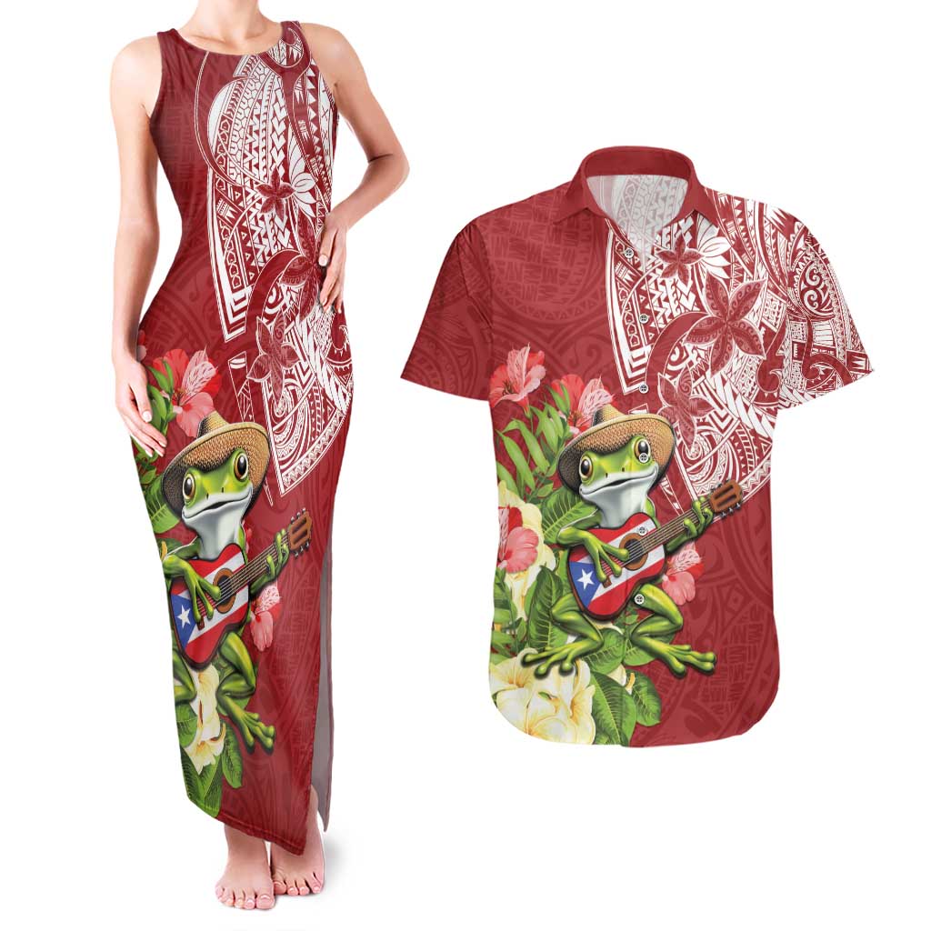 Puerto Rico Coqui Frog Couples Matching Tank Maxi Dress and Hawaiian Shirt Tropical Flowers Polynesian Style - Polynesian Pride