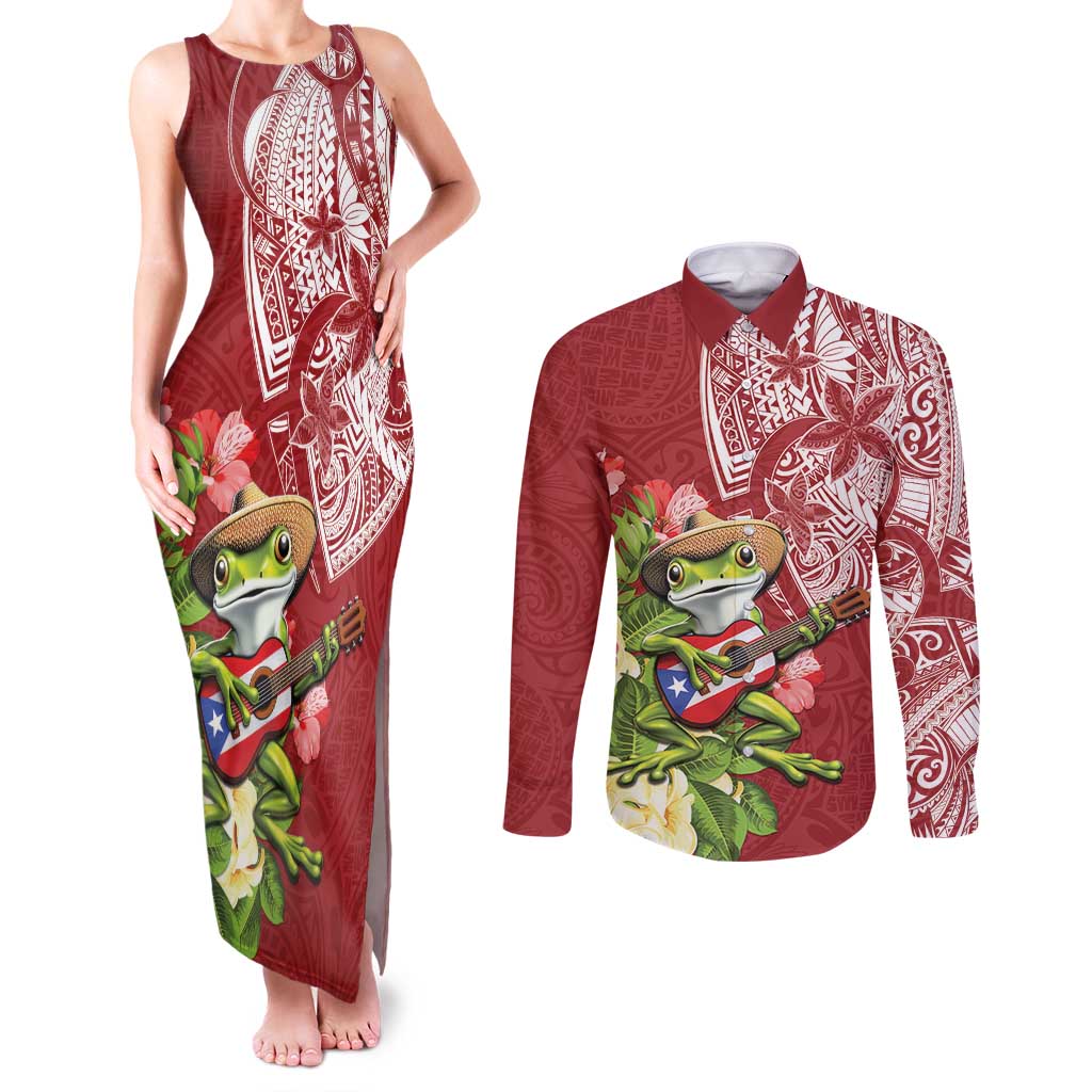 Puerto Rico Coqui Frog Couples Matching Tank Maxi Dress and Long Sleeve Button Shirt Tropical Flowers Polynesian Style - Polynesian Pride