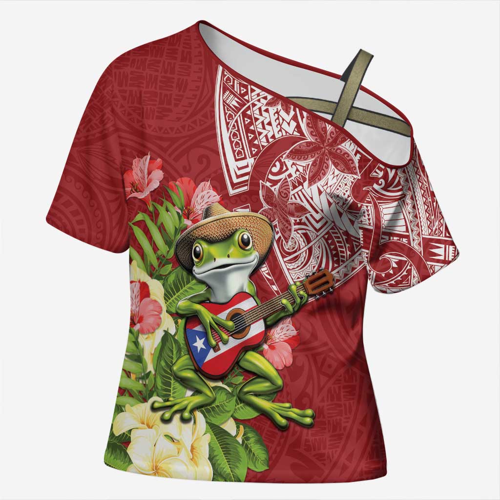 Puerto Rico Coqui Frog Cross Shoulder Shirt Tropical Flowers Polynesian Style LT05 Female Red - Polynesian Pride