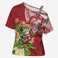 Puerto Rico Coqui Frog Cross Shoulder Shirt Tropical Flowers Polynesian Style - Polynesian Pride