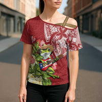 Puerto Rico Coqui Frog Cross Shoulder Shirt Tropical Flowers Polynesian Style - Polynesian Pride