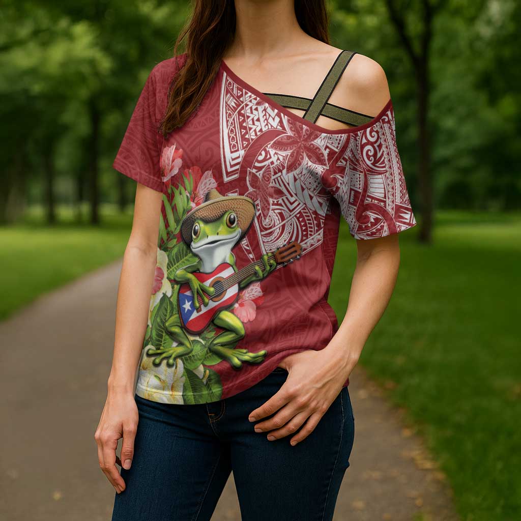 Puerto Rico Coqui Frog Cross Shoulder Shirt Tropical Flowers Polynesian Style - Polynesian Pride