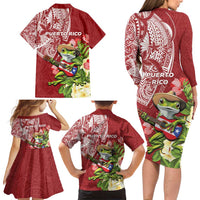 Puerto Rico Coqui Frog Family Matching Long Sleeve Bodycon Dress and Hawaiian Shirt Tropical Flowers Polynesian Style - Polynesian Pride