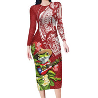 Puerto Rico Coqui Frog Family Matching Long Sleeve Bodycon Dress and Hawaiian Shirt Tropical Flowers Polynesian Style - Polynesian Pride