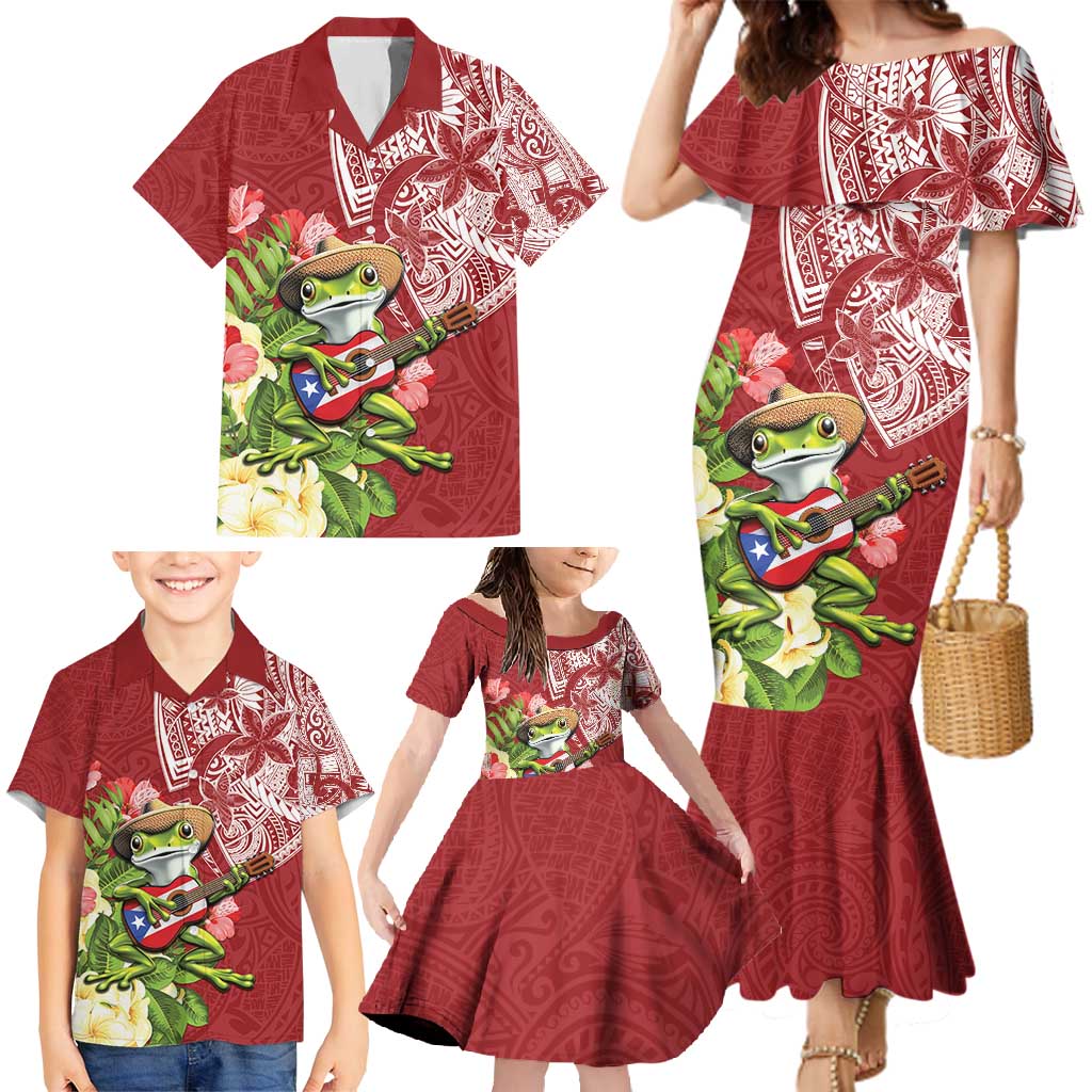 Puerto Rico Coqui Frog Family Matching Mermaid Dress and Hawaiian Shirt Tropical Flowers Polynesian Style - Polynesian Pride