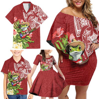 Puerto Rico Coqui Frog Family Matching Off Shoulder Short Dress and Hawaiian Shirt Tropical Flowers Polynesian Style - Polynesian Pride