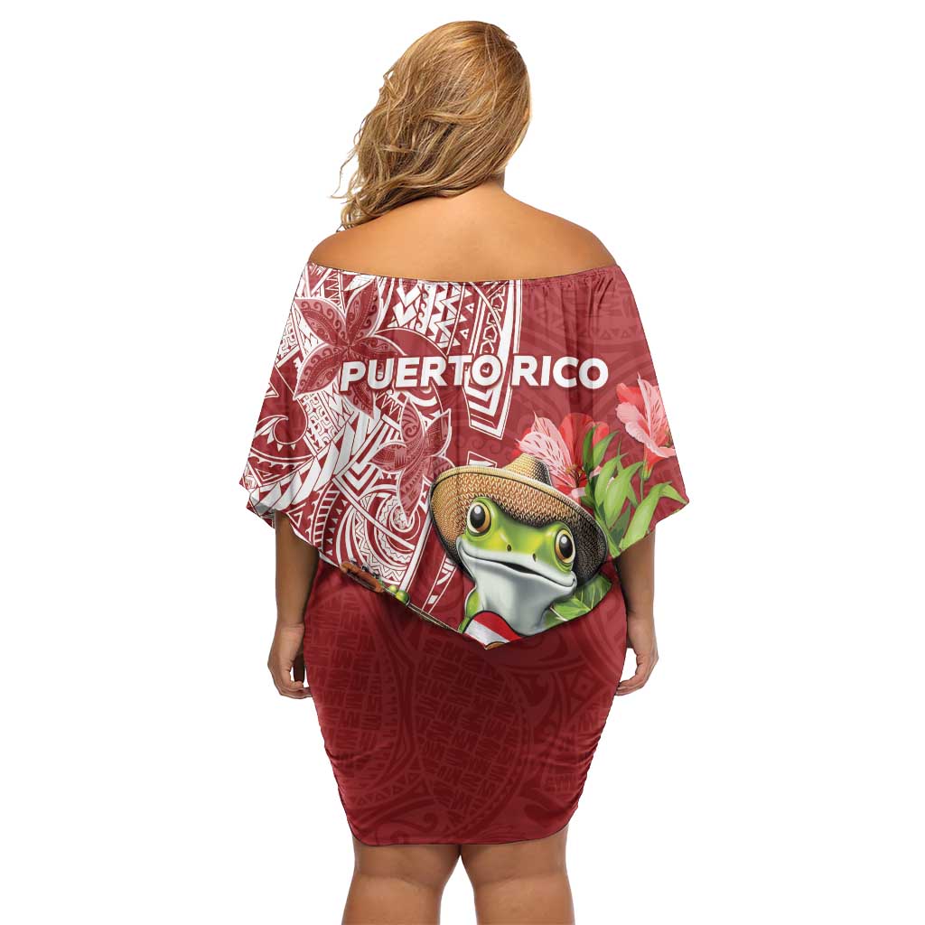 Puerto Rico Coqui Frog Family Matching Off Shoulder Short Dress and Hawaiian Shirt Tropical Flowers Polynesian Style - Polynesian Pride