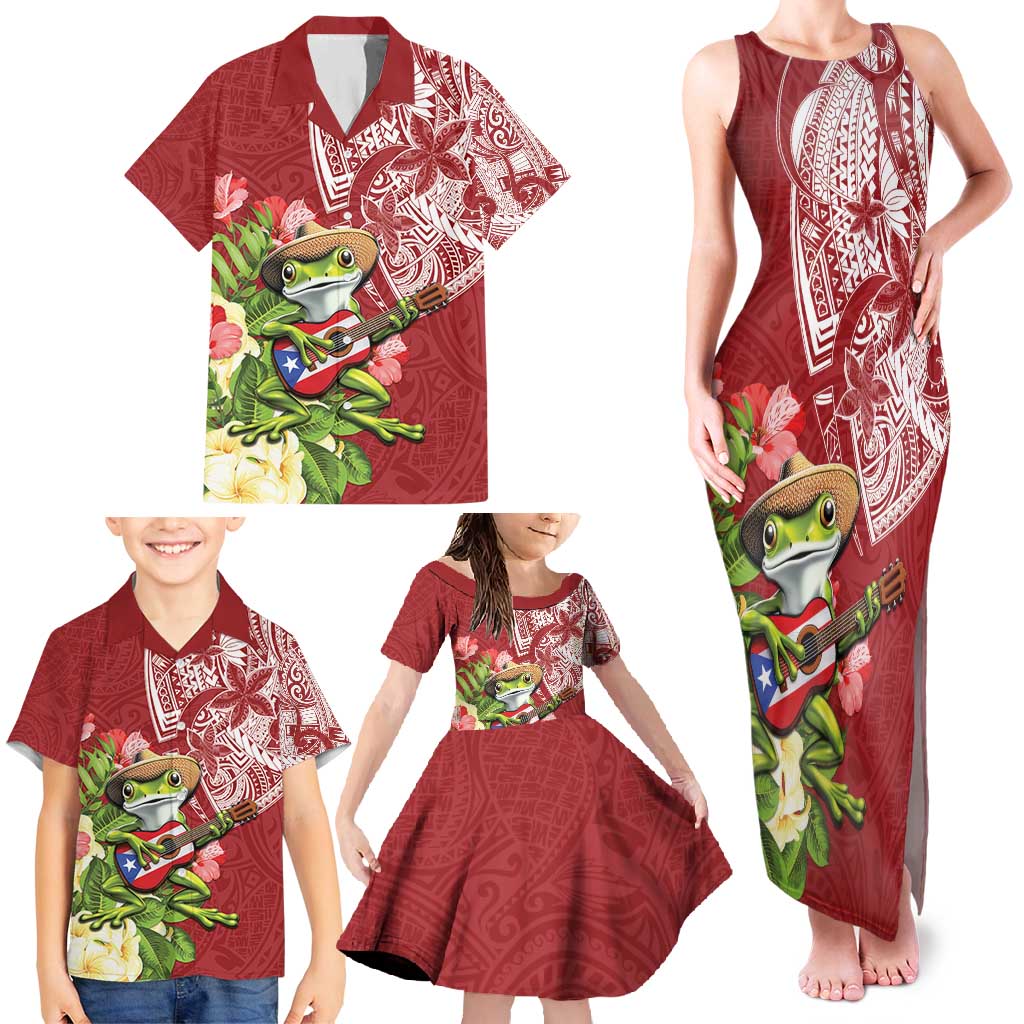 Puerto Rico Coqui Frog Family Matching Tank Maxi Dress and Hawaiian Shirt Tropical Flowers Polynesian Style - Polynesian Pride