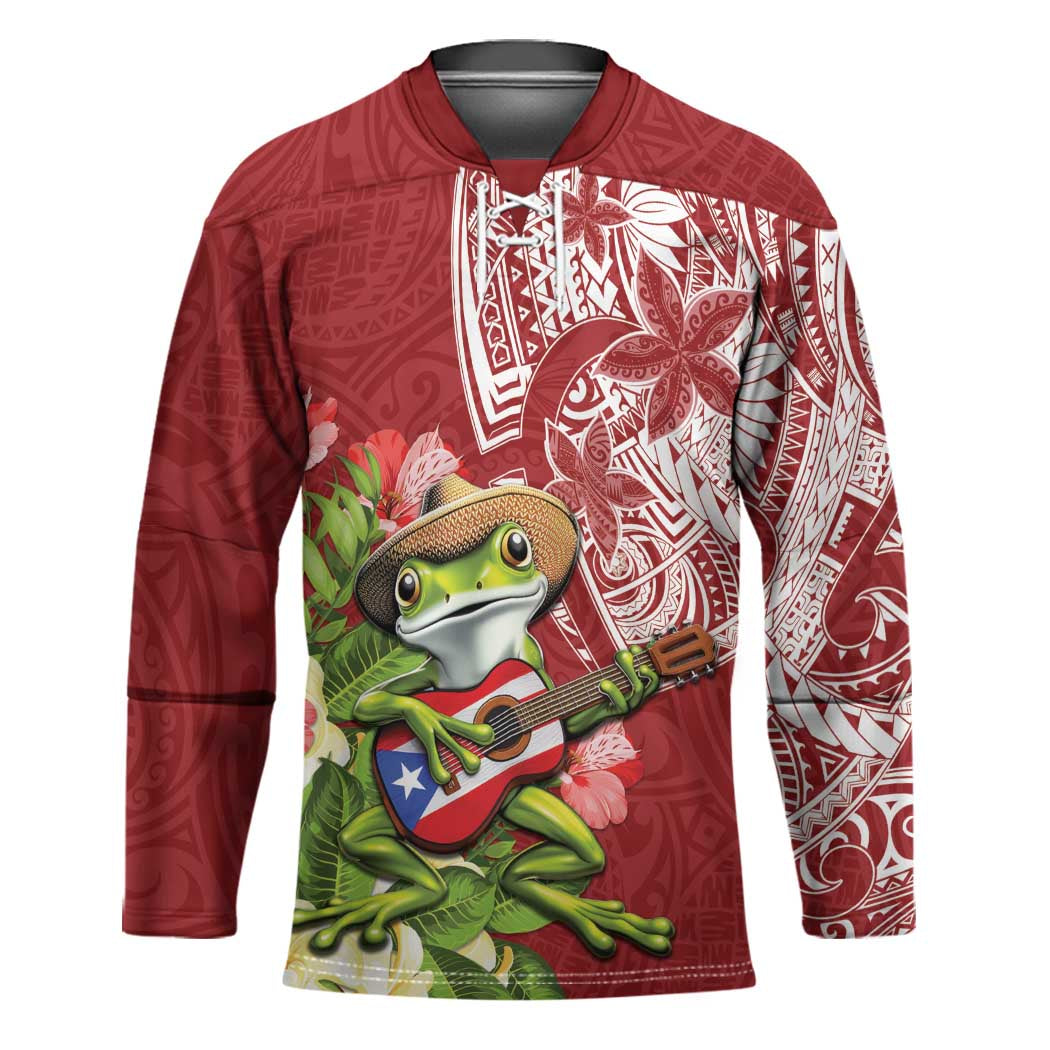 Puerto Rico Coqui Frog Hockey Jersey Tropical Flowers Polynesian Style - Polynesian Pride