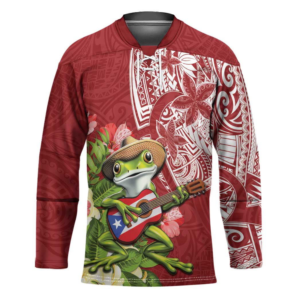 Puerto Rico Coqui Frog Hockey Jersey Tropical Flowers Polynesian Style LT05 Unisex Red - Polynesian Pride