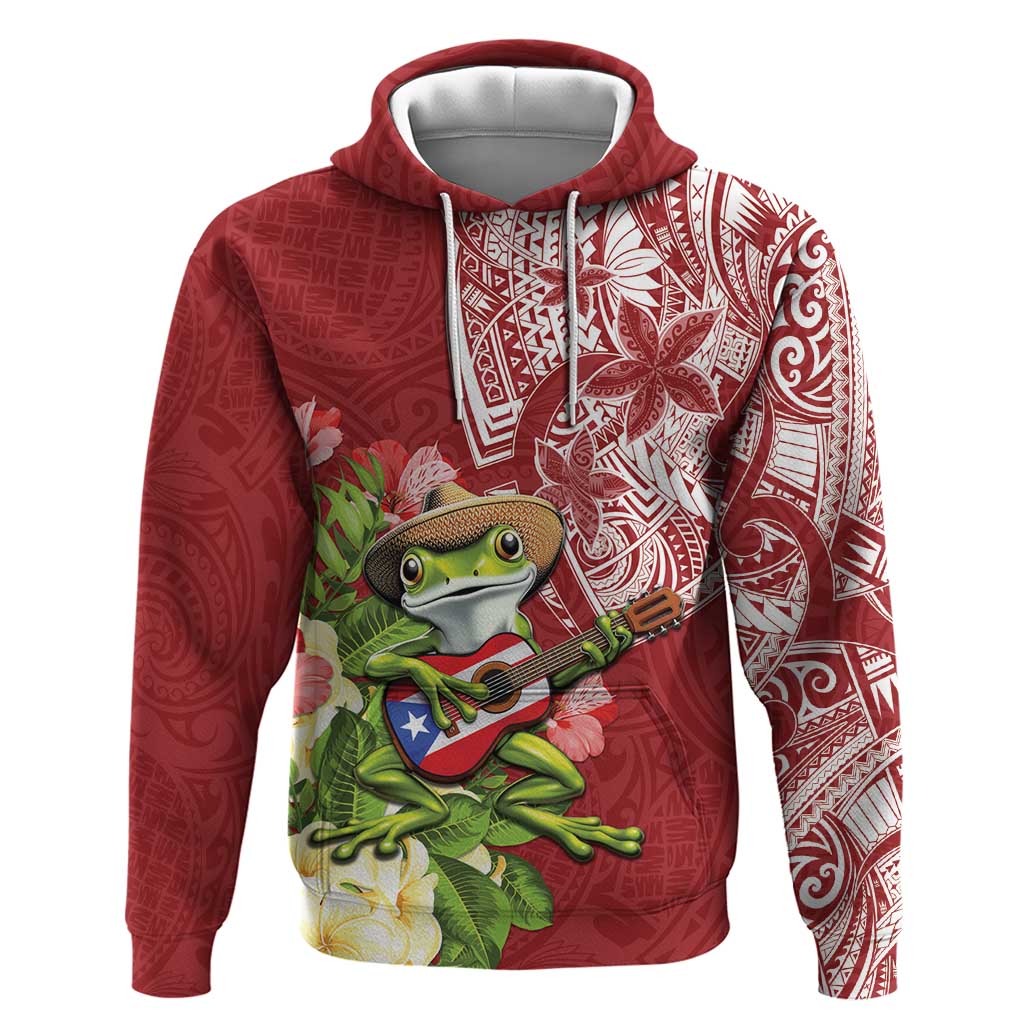 Puerto Rico Coqui Frog Hoodie Tropical Flowers Polynesian Style LT05 Pullover Hoodie Red - Polynesian Pride