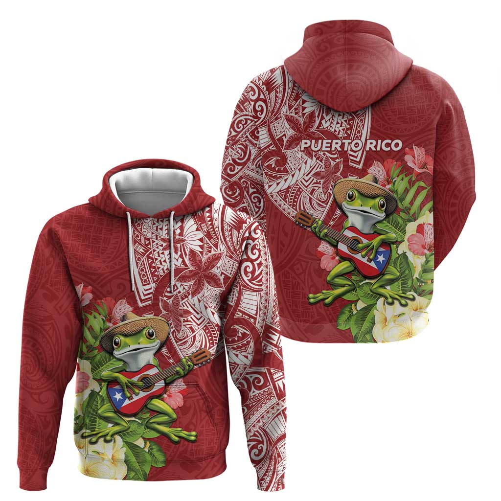 Puerto Rico Coqui Frog Hoodie Tropical Flowers Polynesian Style - Polynesian Pride