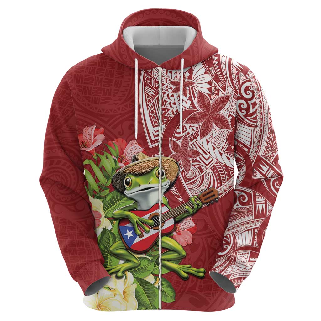 Puerto Rico Coqui Frog Hoodie Tropical Flowers Polynesian Style - Polynesian Pride
